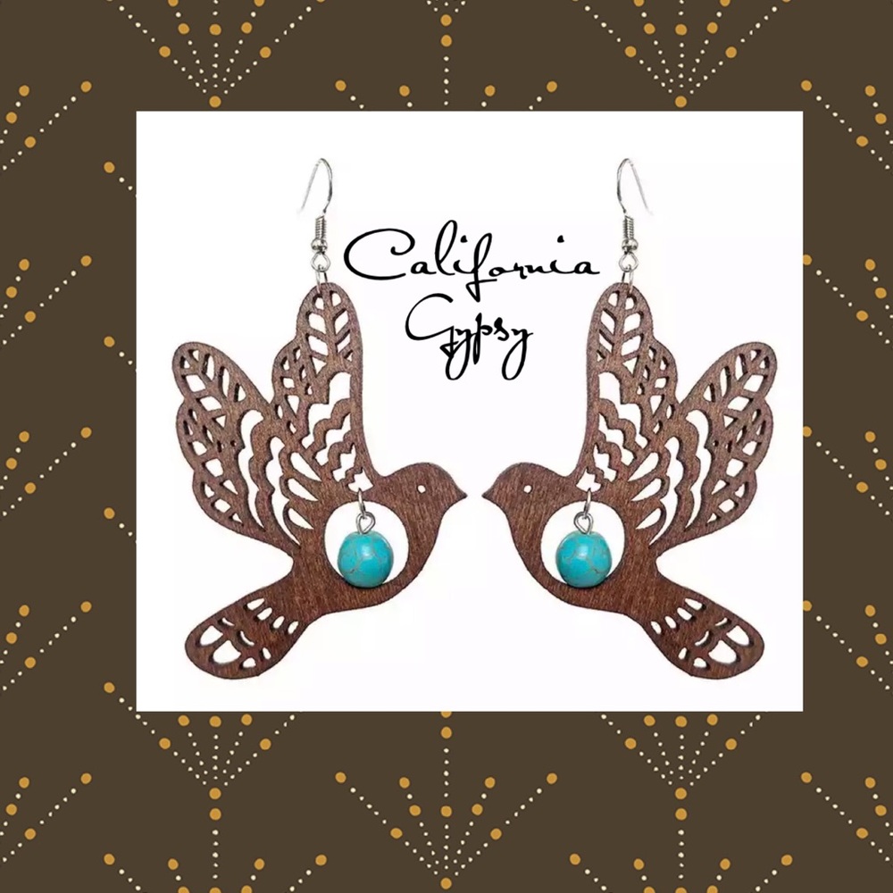 Turquoise Tooled Wood Bird Earrings - Picture 3 of 7